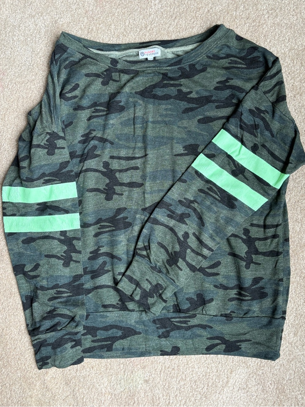 Sundry Olive Camo Pullover with Neon Green Sleeve Stripes
